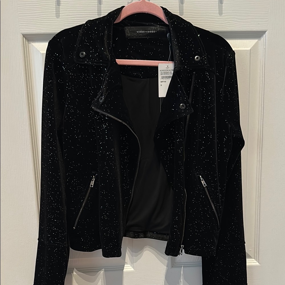 Code x Mode Black Velvet Glitter Sparkle Women's Biker Moto Jacket Medium